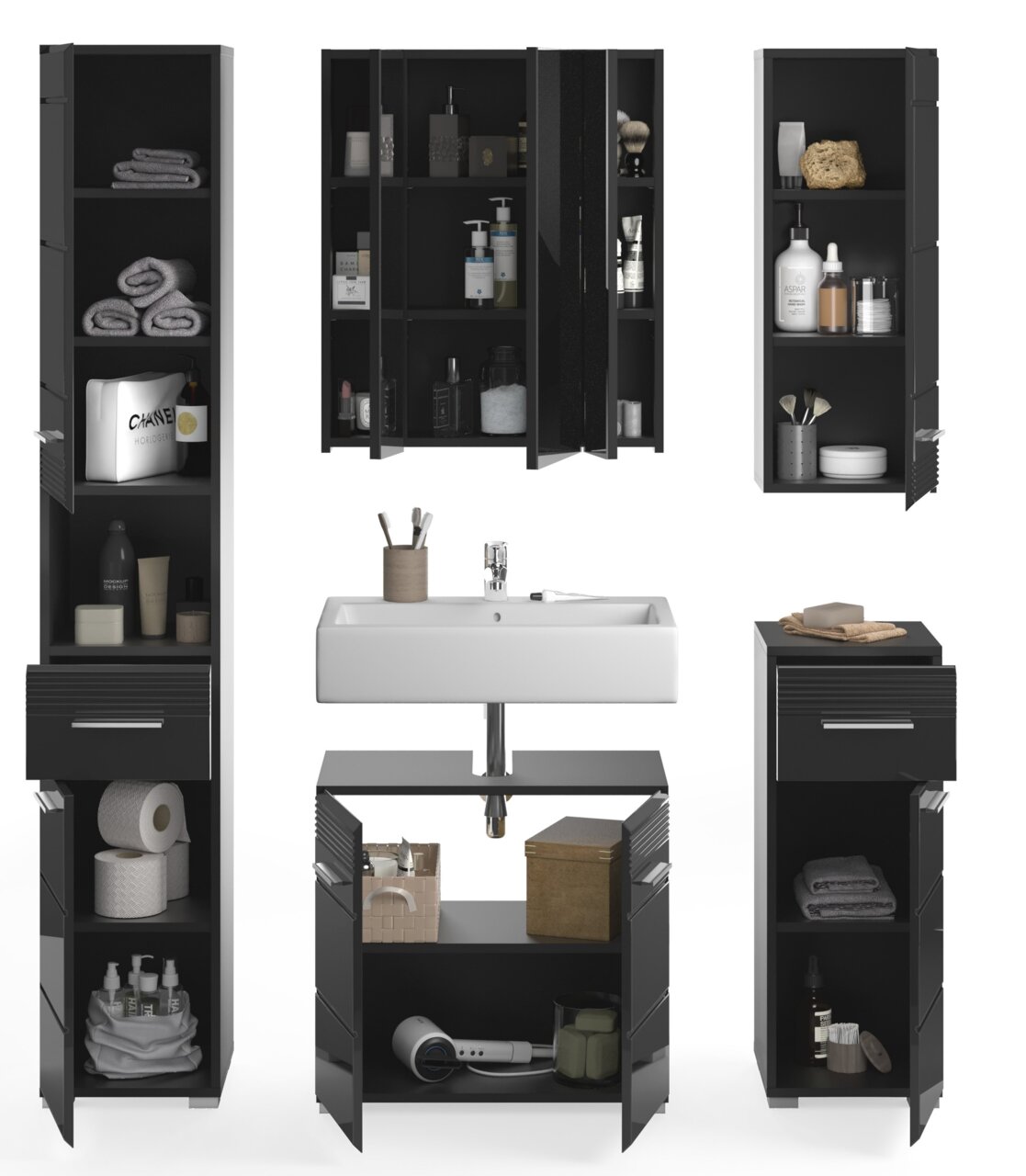 Badkombination LINUS in schwarzem Design, bestehend aus mehreren Schränken und einem Waschbecken, frontal abgebildet.