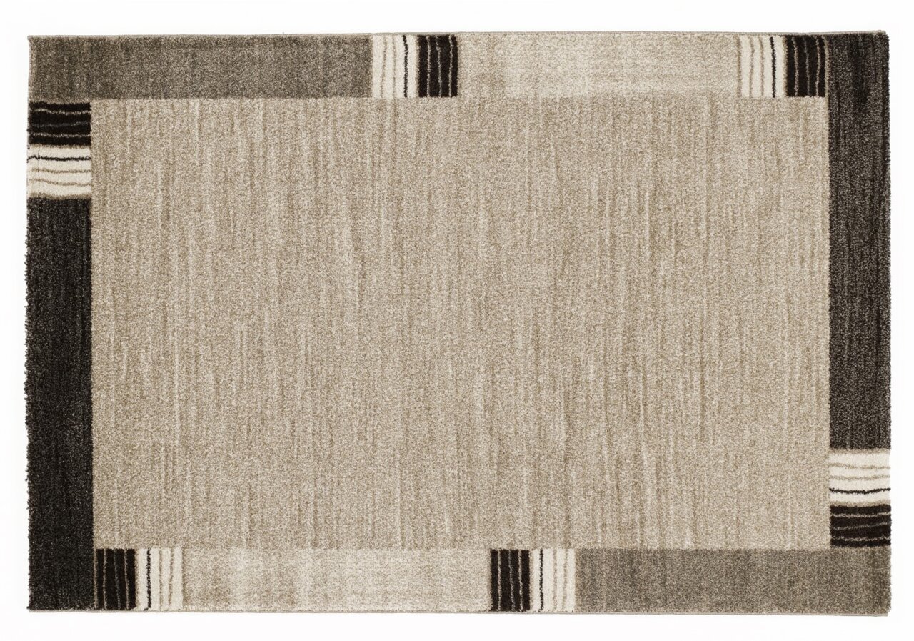 Rechteckiger Teppich in Beige- und Brauntönen mit geometrischem Muster, Draufsicht.