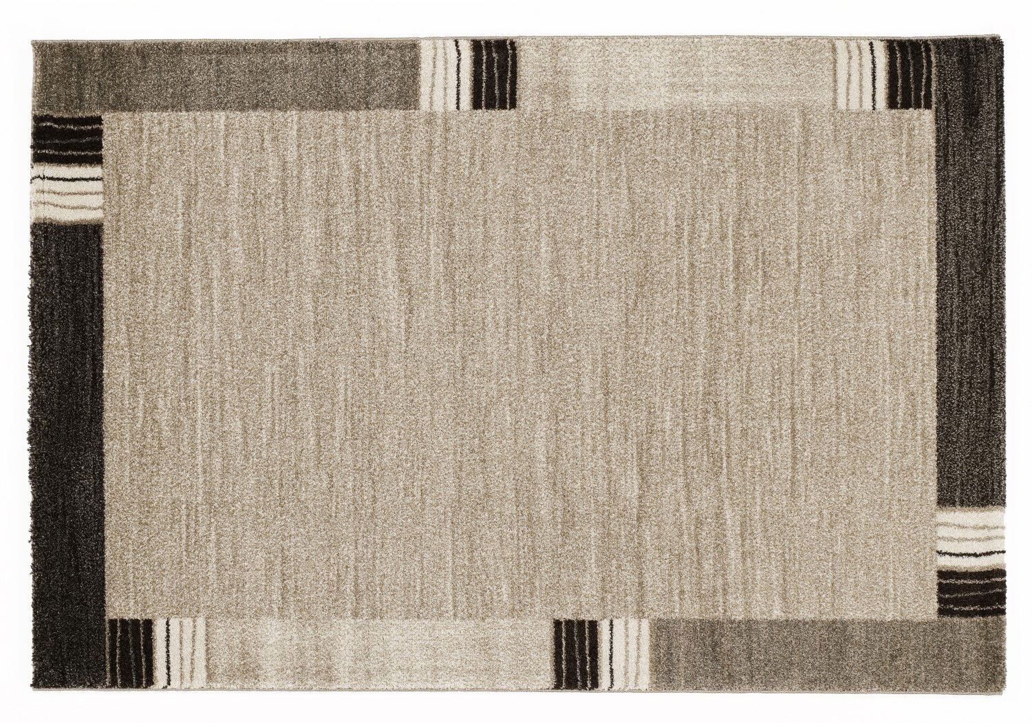 Rechteckiger Teppich in Beige- und Brauntönen mit geometrischem Muster, Draufsicht.