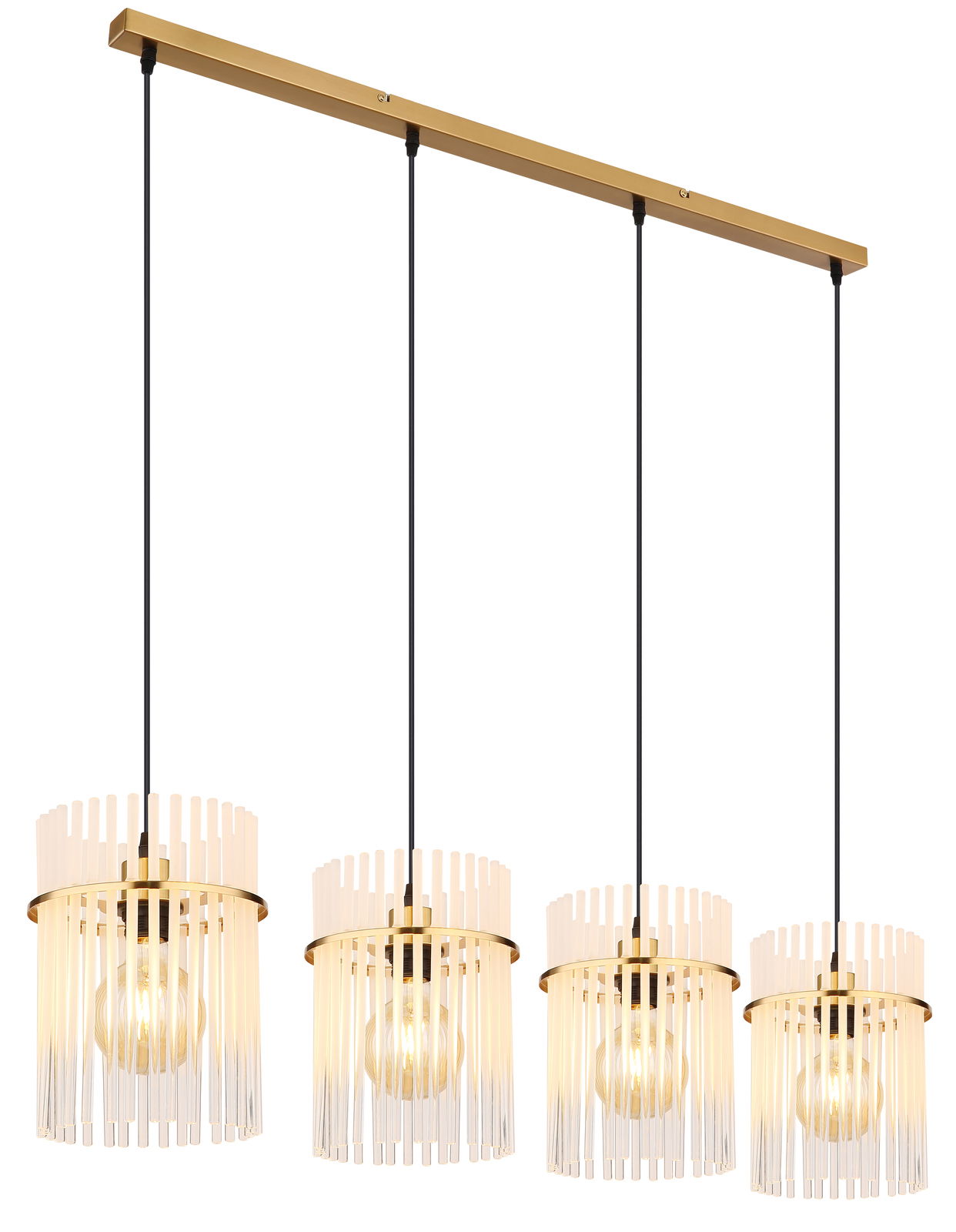 Moderne Hängeleuchte GORLEY mit vier Lampenschirmen aus transparenten Streben, seitliche Perspektive.