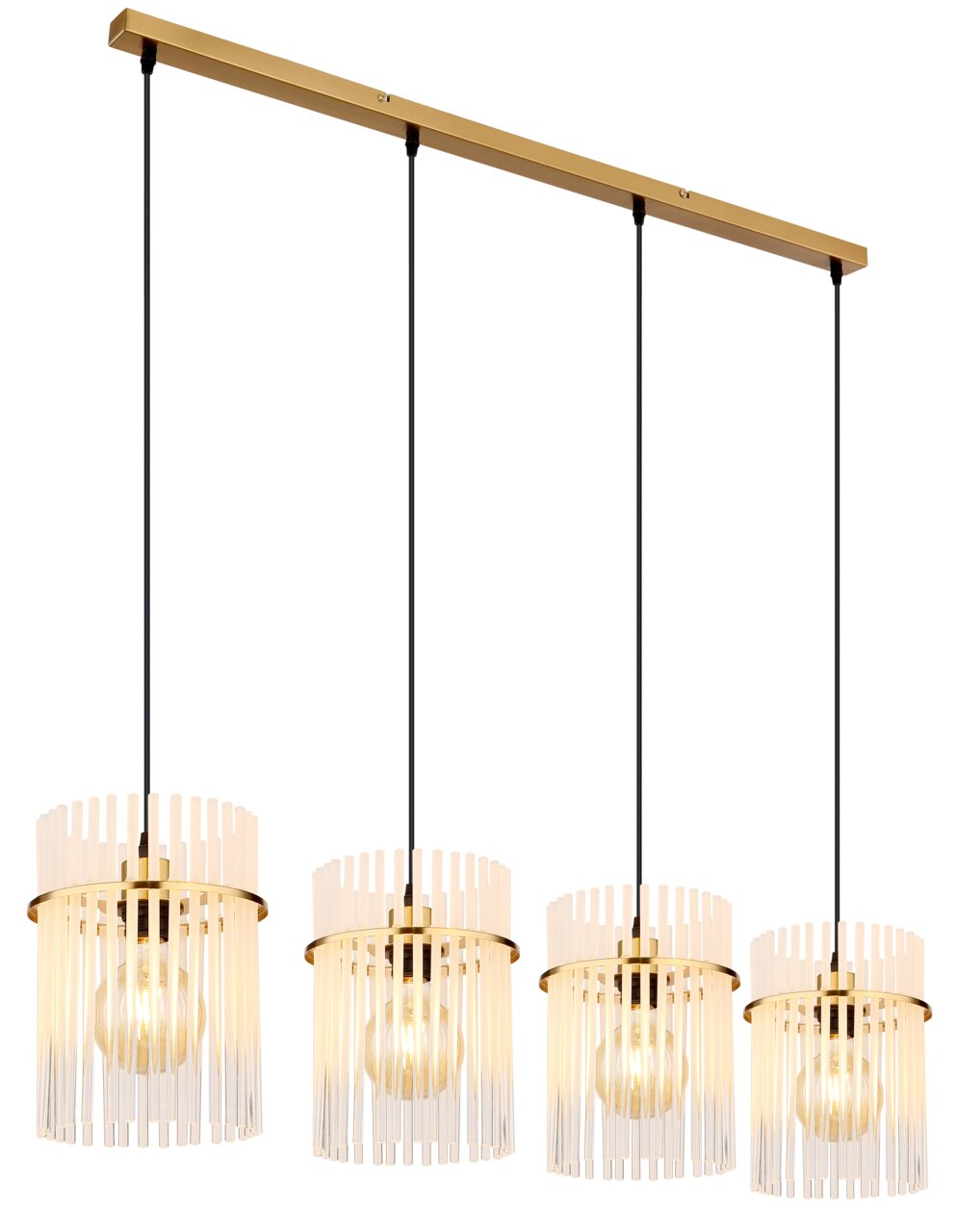 Moderne Hängeleuchte GORLEY mit vier Lampenschirmen aus transparenten Streben, seitliche Perspektive.