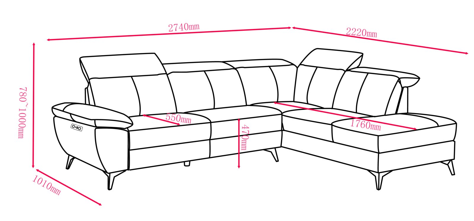 Technische Zeichnung eines L-förmigen Ecksofas mit Recamiere rechts, Kopfstützen und Armlehnen; Maßangaben u. a. 2740 mm und 2220 mm Gesamtbreite, 1010 mm Tiefe, 780–1000 mm Höhe, 470 mm Sitzhöhe, 550 mm Sitztiefe und 1760 mm Liege-/Recamierenlänge; Persp