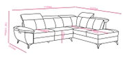 Technische Zeichnung eines L-förmigen Ecksofas mit Recamiere rechts, Kopfstützen und Armlehnen; Maßangaben u. a. 2740 mm und 2220 mm Gesamtbreite, 1010 mm Tiefe, 780–1000 mm Höhe, 470 mm Sitzhöhe, 550 mm Sitztiefe und 1760 mm Liege-/Recamierenlänge; Persp