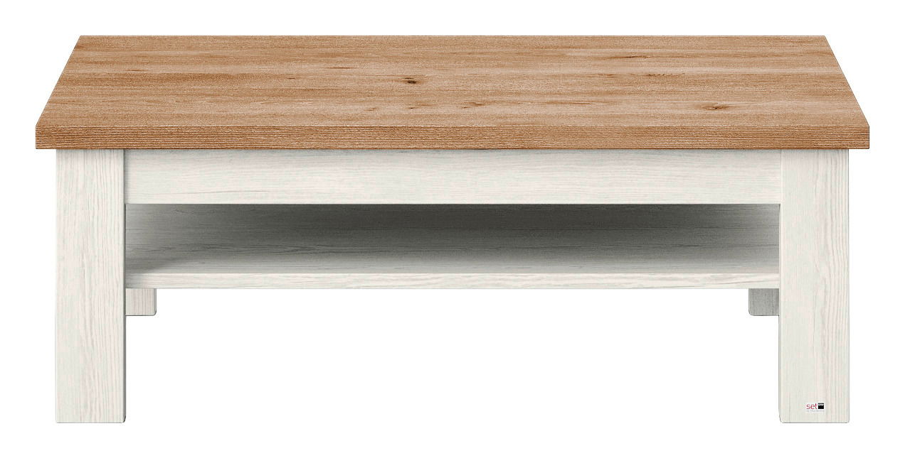 Moderner Couchtisch mit heller Holzstruktur und dunkler Tischplatte, Frontalansicht