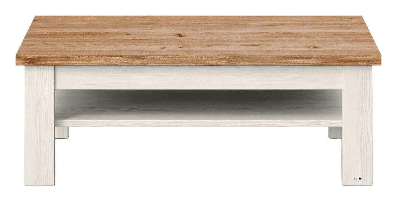 Moderner Couchtisch mit heller Holzstruktur und dunkler Tischplatte, Frontalansicht