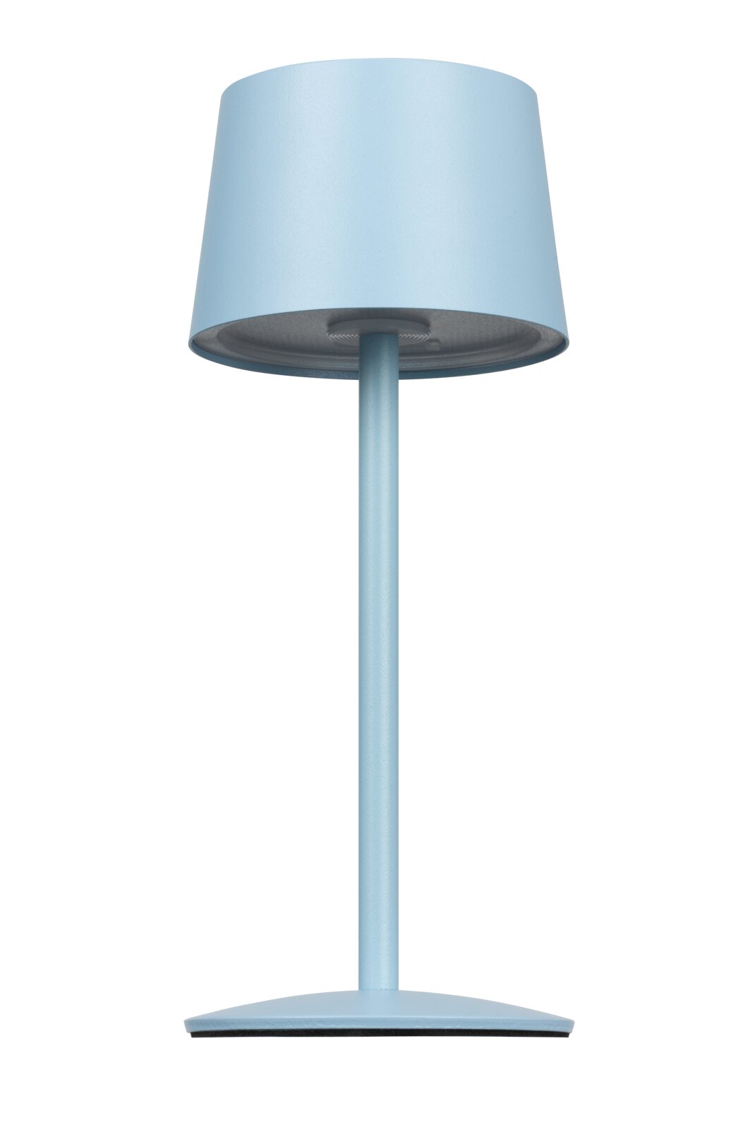 Blaue Akku-Tischleuchte in Frontalansicht mit modernem Design.