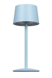Blaue Akku-Tischleuchte in Frontalansicht mit modernem Design.
