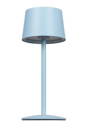 Blaue Akku-Tischleuchte in Frontalansicht mit modernem Design.