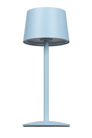 Blaue Akku-Tischleuchte in Frontalansicht mit modernem Design.