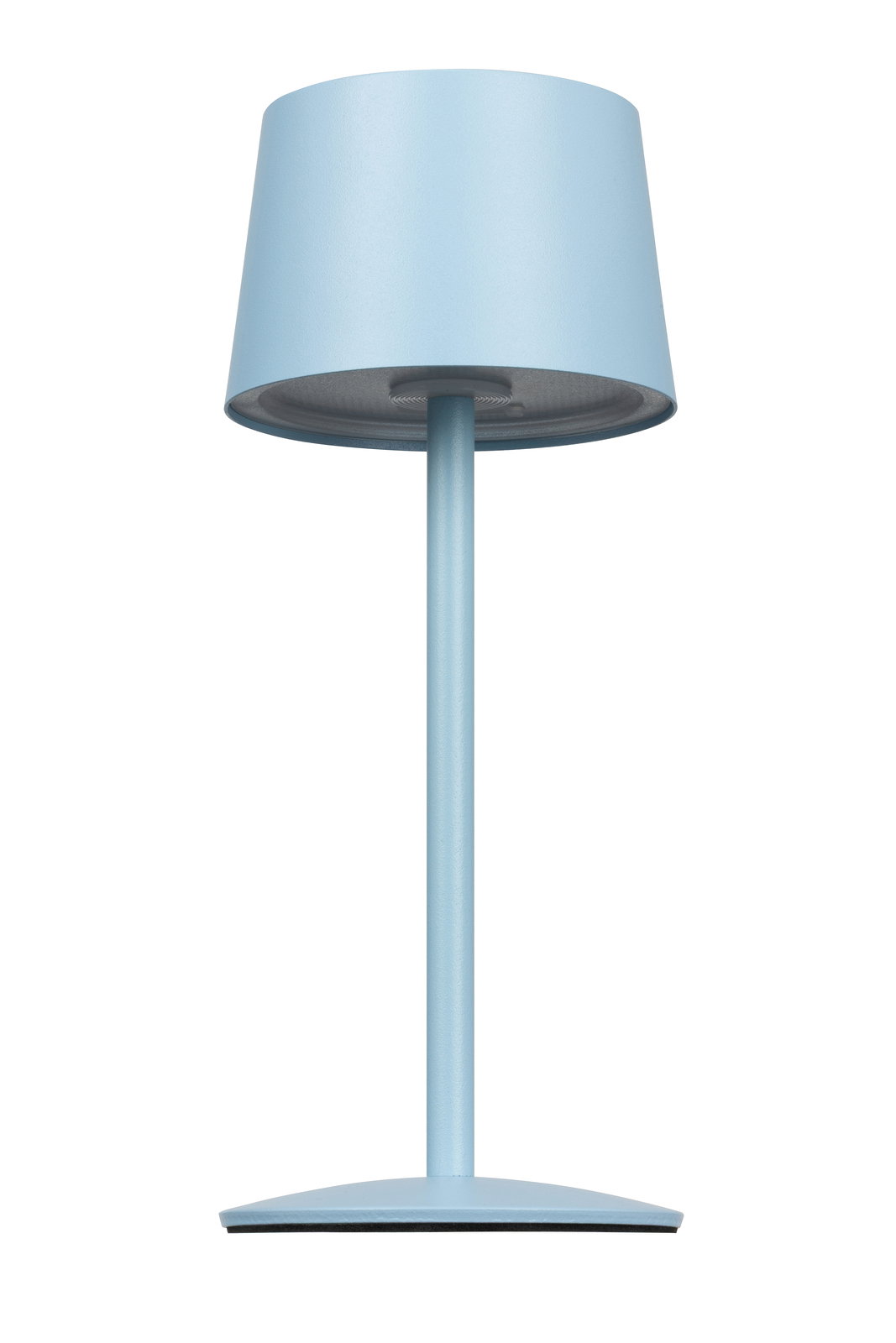Blaue Akku-Tischleuchte in Frontalansicht mit modernem Design.