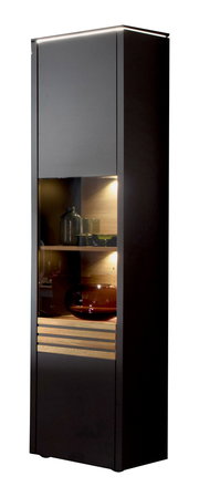 Moderne schwarze Vitrine mit Glaseinsätzen und Beleuchtung, seitliche Perspektive