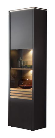 Moderne schwarze Vitrine mit Glaseinsätzen und Beleuchtung, seitliche Perspektive