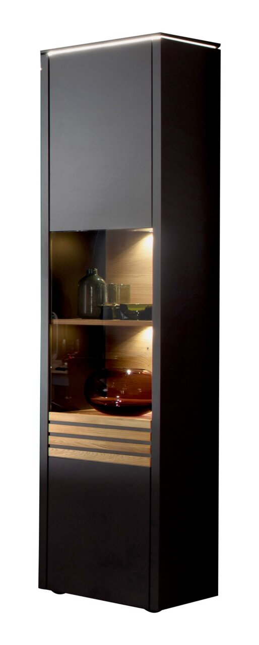 Moderne schwarze Vitrine mit Glaseinsätzen und Beleuchtung, seitliche Perspektive