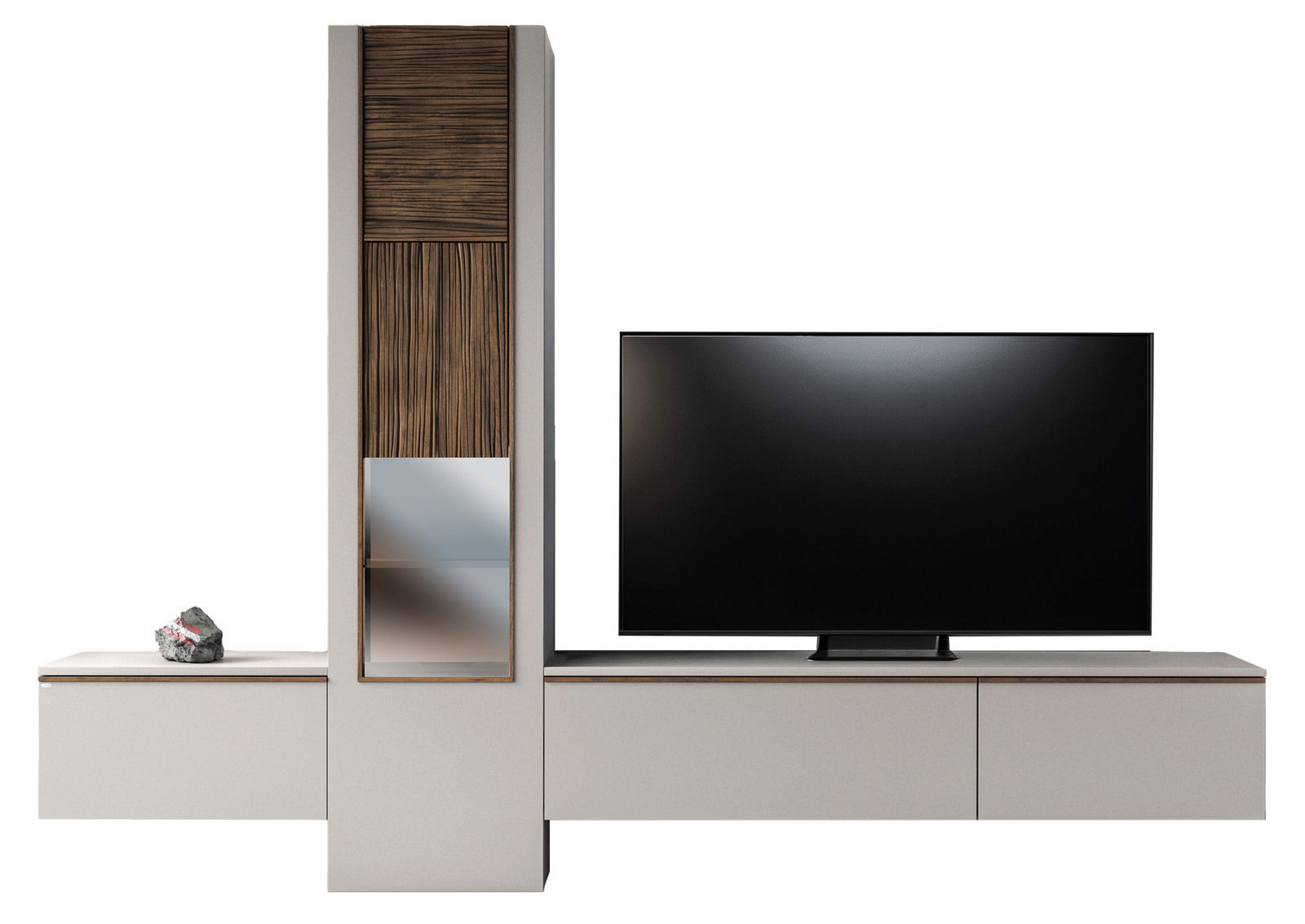 Moderne Wohnwand mit TV, Holz- und Glaselementen, seitliche Perspektive