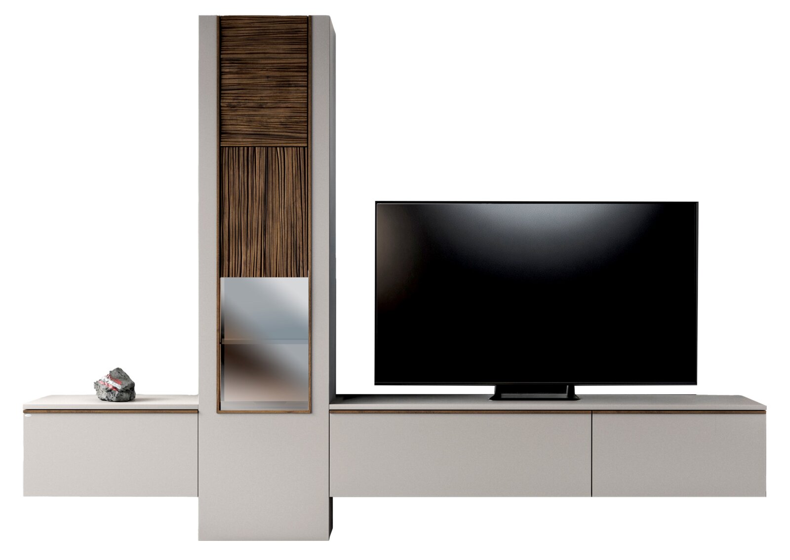 Voglauer Wohnwand V-LACERA LIVING Moderne Wohnwand mit TV, Holz- und Glaselementen, seitliche Perspektive