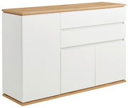Weiße Kommode mit Holzplatte, seitliche Perspektive