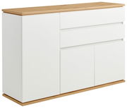 Weiße Kommode mit Holzplatte, seitliche Perspektive