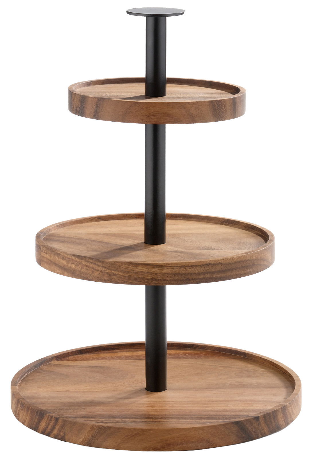 Dreistöckige Etagere aus Holz mit schwarzem Metallstab, seitliche Perspektive