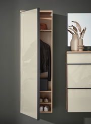 Hängender Garderobenschrank mit geöffneter Tür, zeigt Innenfächer mit Jacke, Hut und Schuhen, seitliche Perspektive