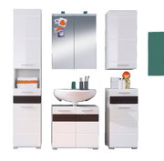 Badezimmermöbel-Set in Weiß mit Spiegelschrank, Hochschrank, Waschbeckenunterschrank und Hängeschrank, frontal betrachtet.