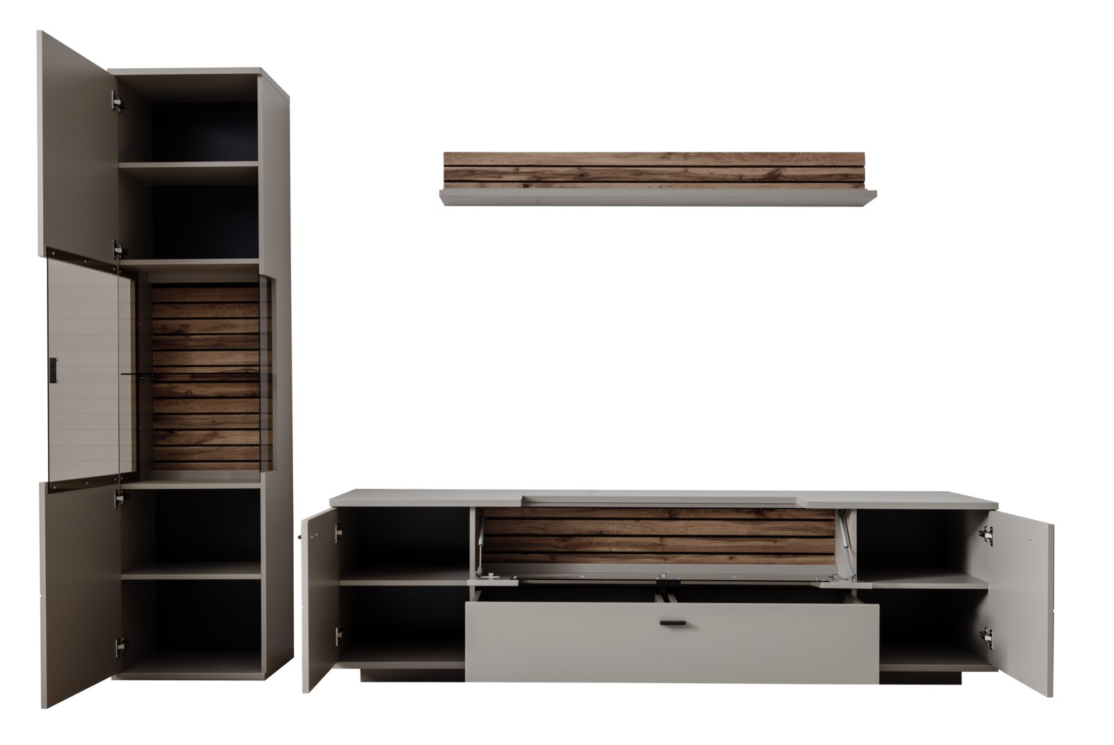 Wohnzimmermöbel-Set mit TV-Lowboard, hoher Vitrine und Wandregal in Grau mit Holzoptik-Fronten, Schublade und offenen Fächern, Türen geöffnet, frontale Ansicht