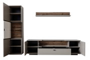 Wohnzimmermöbel-Set mit TV-Lowboard, hoher Vitrine und Wandregal in Grau mit Holzoptik-Fronten, Schublade und offenen Fächern, Türen geöffnet, frontale Ansicht