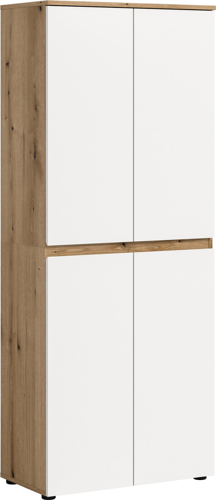MID.YOU Universalschrank SCARPA Hoher, moderner Schrank in Holzoptik mit weißen, grifflosen Fronten und vier Türen, freigestellt auf weißem Hintergrund, in leichter Front-Links-Perspektive