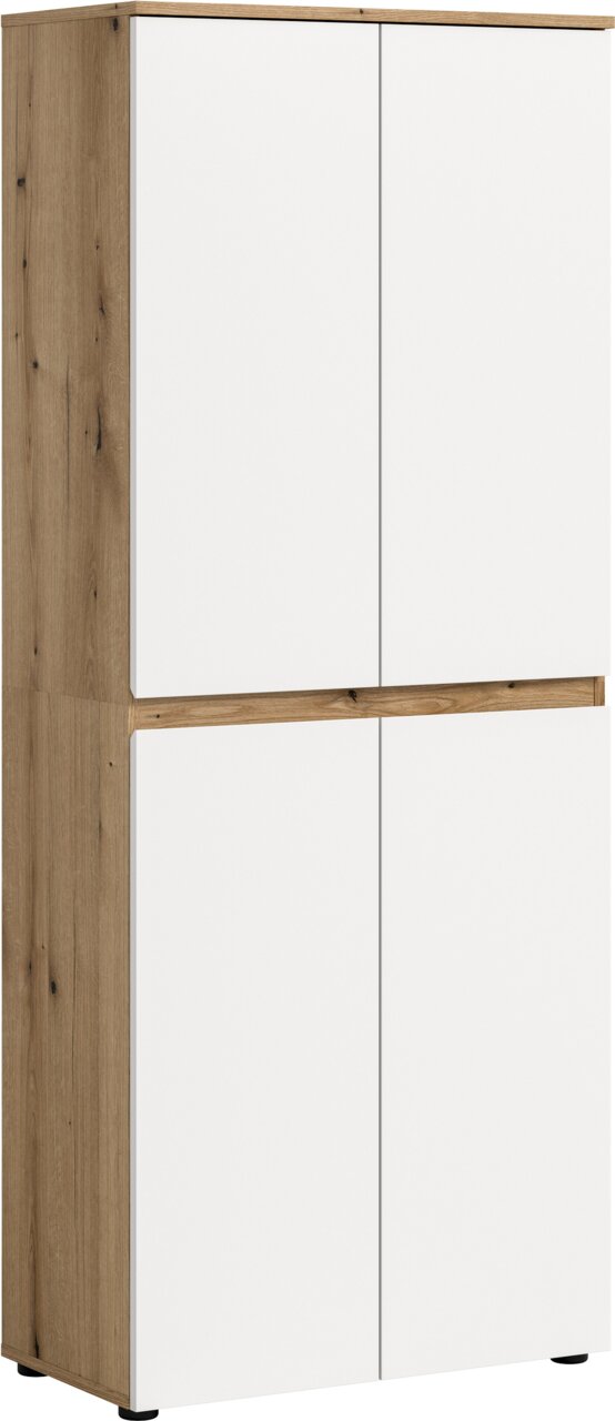 MID.YOU Universalschrank SCARPA Hoher, moderner Schrank in Holzoptik mit weißen, grifflosen Fronten und vier Türen, freigestellt auf weißem Hintergrund, in leichter Front-Links-Perspektive