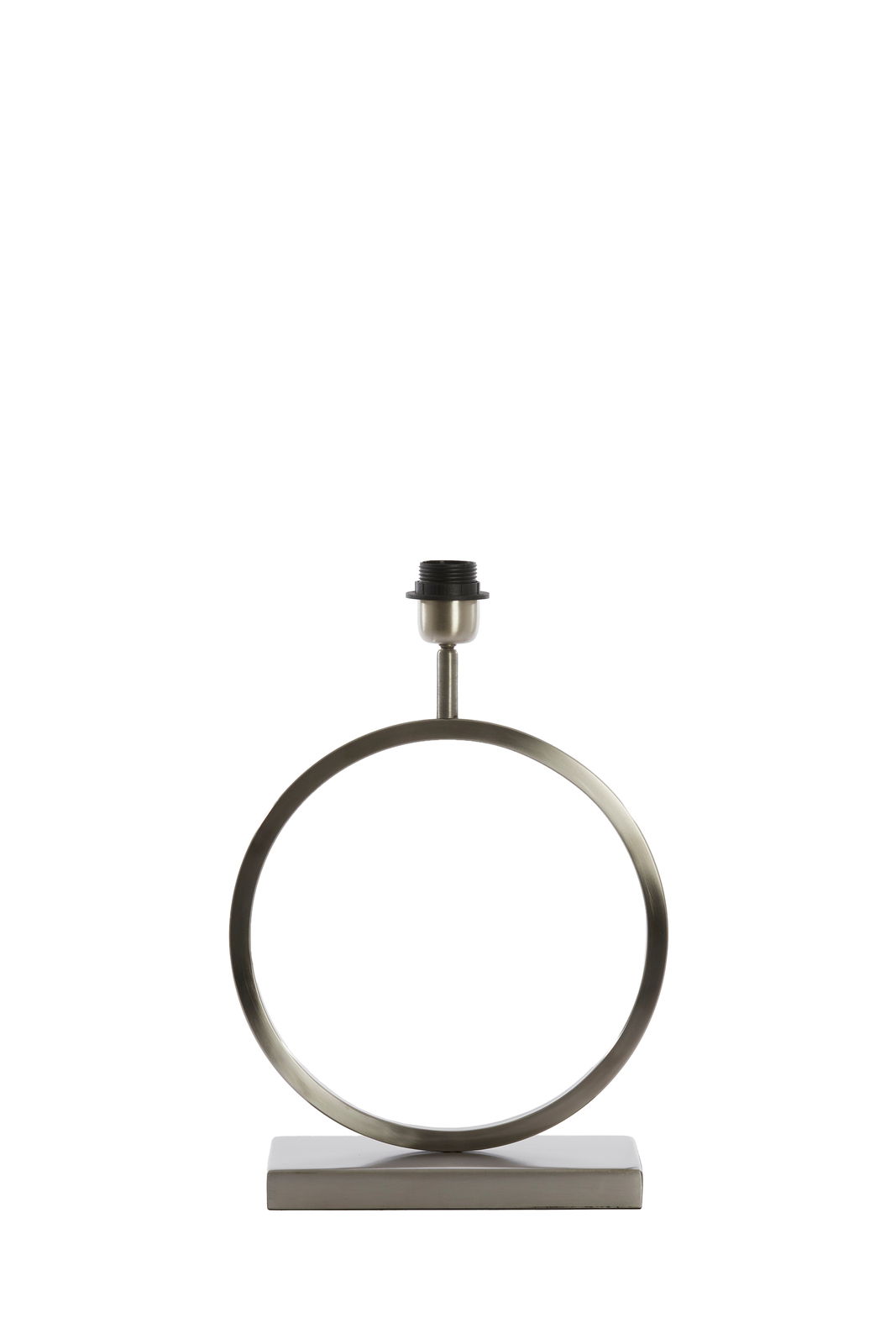 Moderner Lampenfuß in Ringform aus Metall, frontal fotografiert.