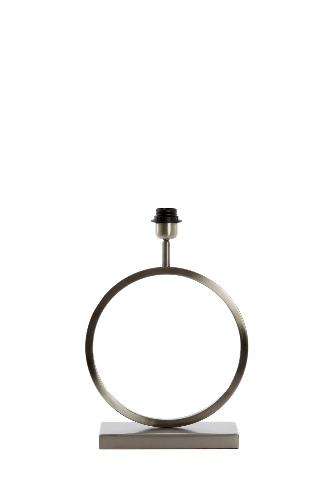 Moderner Lampenfuß in Ringform aus Metall, frontal fotografiert.
