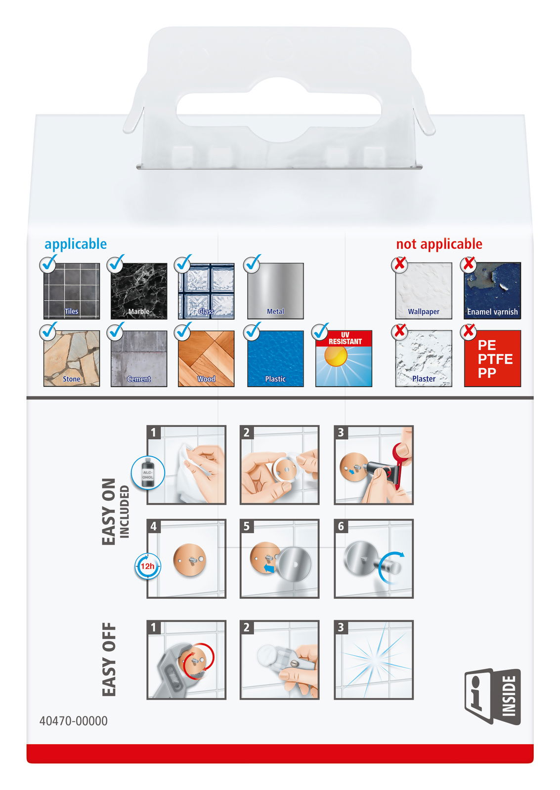 Verpackung des tesa Exxcellent Handtuchhakens, geeignet für verschiedene Oberflächen wie Fliesen, Marmor, Glas, Metall, Stein, Zement, Holz und Kunststoff. Nicht geeignet für Tapeten, Emaille, Putz und bestimmte Kunststoffe. Perspektive: Rückseite der Ver
