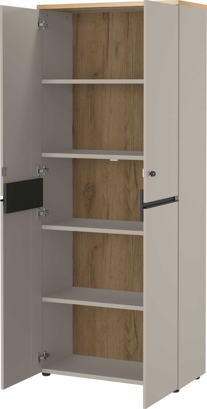 Hochschrank mit offenen Türen, vier Einlegeböden und Holzoptik im Inneren, seitliche Perspektive