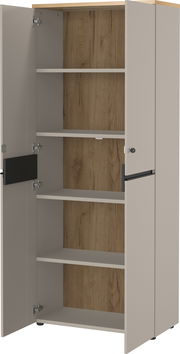 Hochschrank mit offenen Türen, vier Einlegeböden und Holzoptik im Inneren, seitliche Perspektive