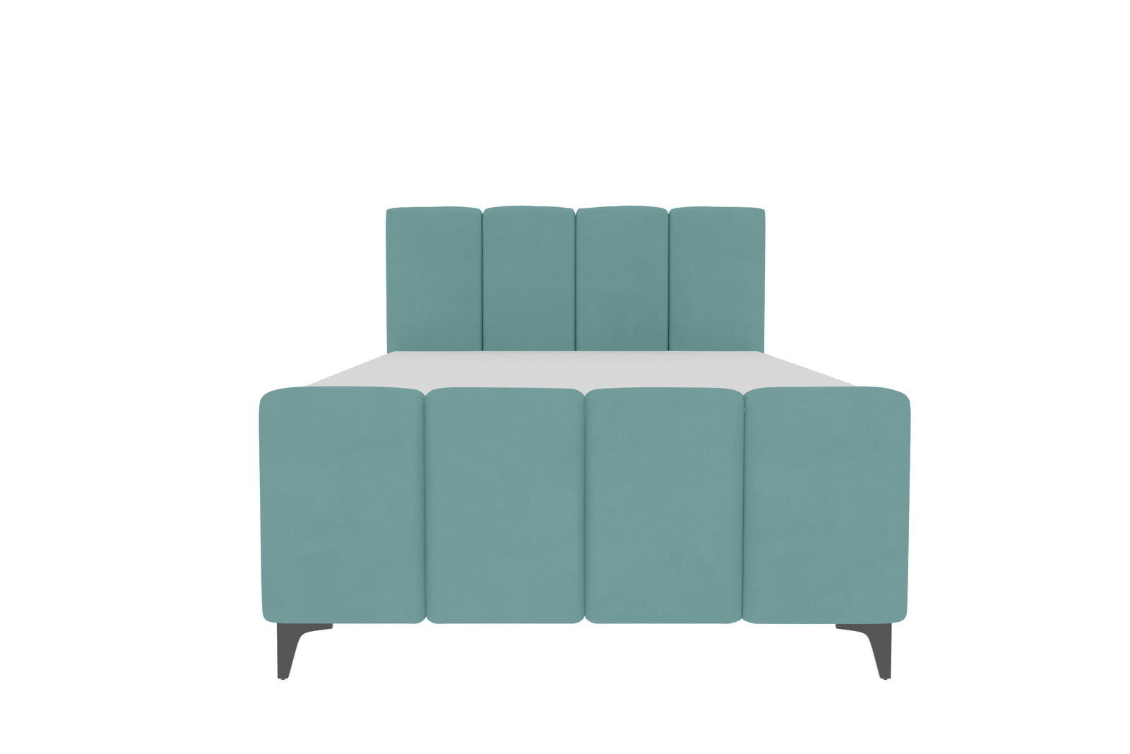 Frontansicht eines modernen Boxbetts mit türkisfarbenem Polsterdesign und schwarzen Beinen.