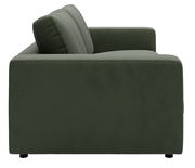 Seitenansicht eines dunkelgrünen 2-Sitzer-Sofas mit geraden Linien und modernem Design.