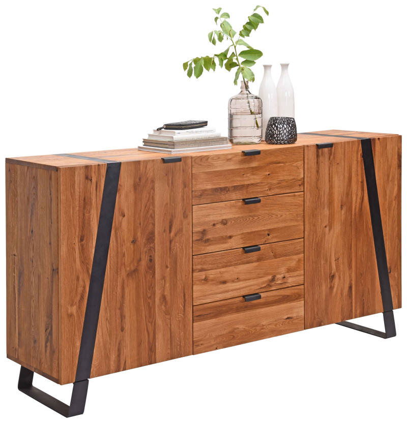 Landscape Sideboard BOLIAH Holz-Sideboard mit vier Schubladen und zwei Türen, seitliche Perspektive, dekoriert mit Vasen und Büchern
