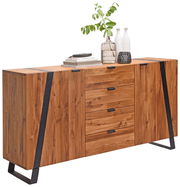 Holz-Sideboard mit vier Schubladen und zwei Türen, seitliche Perspektive, dekoriert mit Vasen und Büchern
