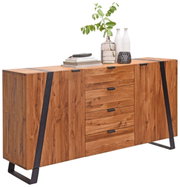 Holz-Sideboard mit vier Schubladen und zwei Türen, seitliche Perspektive, dekoriert mit Vasen und Büchern
