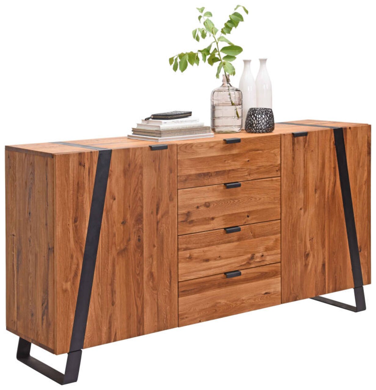 Holz-Sideboard mit vier Schubladen und zwei Türen, seitliche Perspektive, dekoriert mit Vasen und Büchern