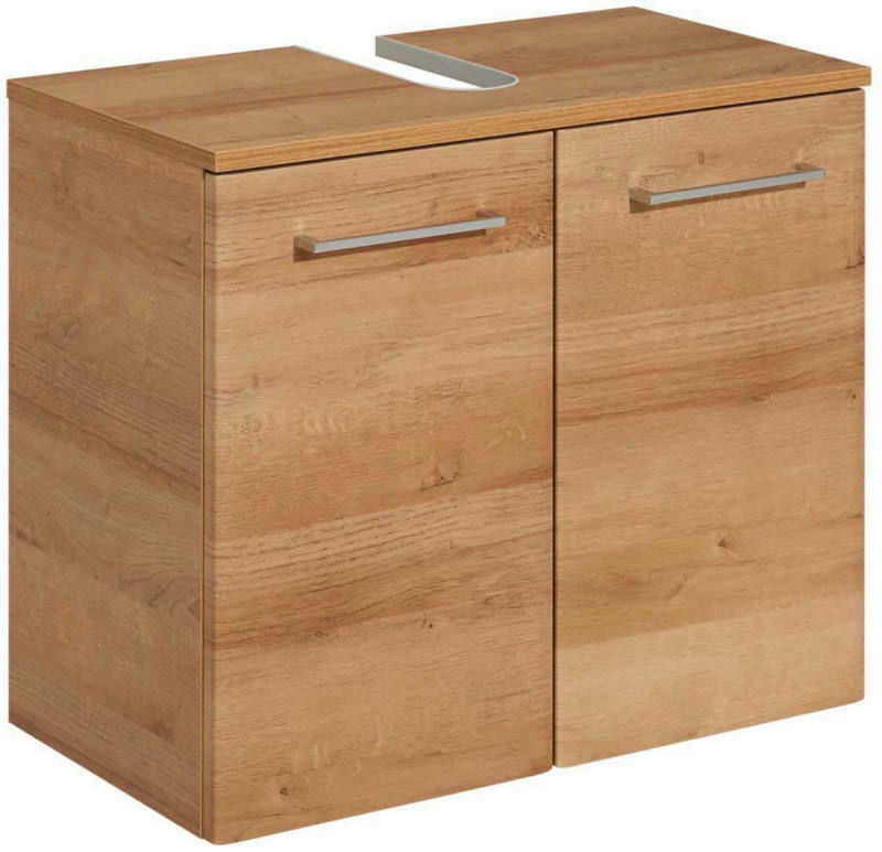 Waschbeckenunterschrank aus Holz mit zwei Türen und silbernen Griffen, Frontansicht