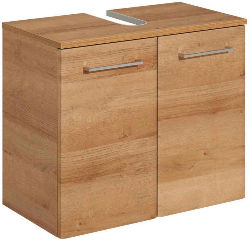 Waschbeckenunterschrank aus Holz mit zwei Türen und silbernen Griffen, Frontansicht