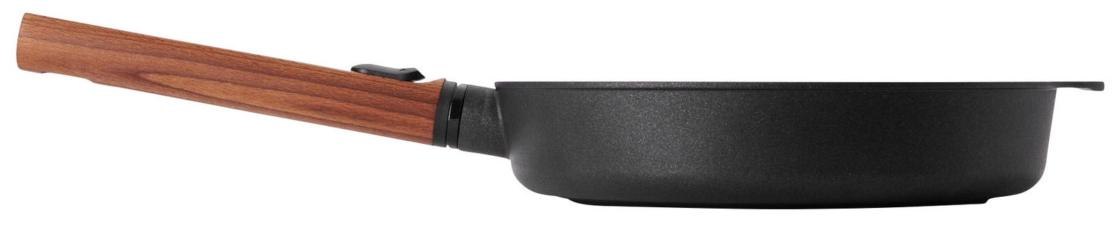 Gusseiserne Flachpfanne mit Holzgriff, Seitenansicht
