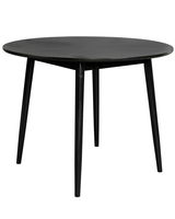Runder schwarzer Esstisch mit vier Beinen, seitliche Perspektive