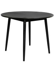 Runder schwarzer Esstisch mit vier Beinen, seitliche Perspektive