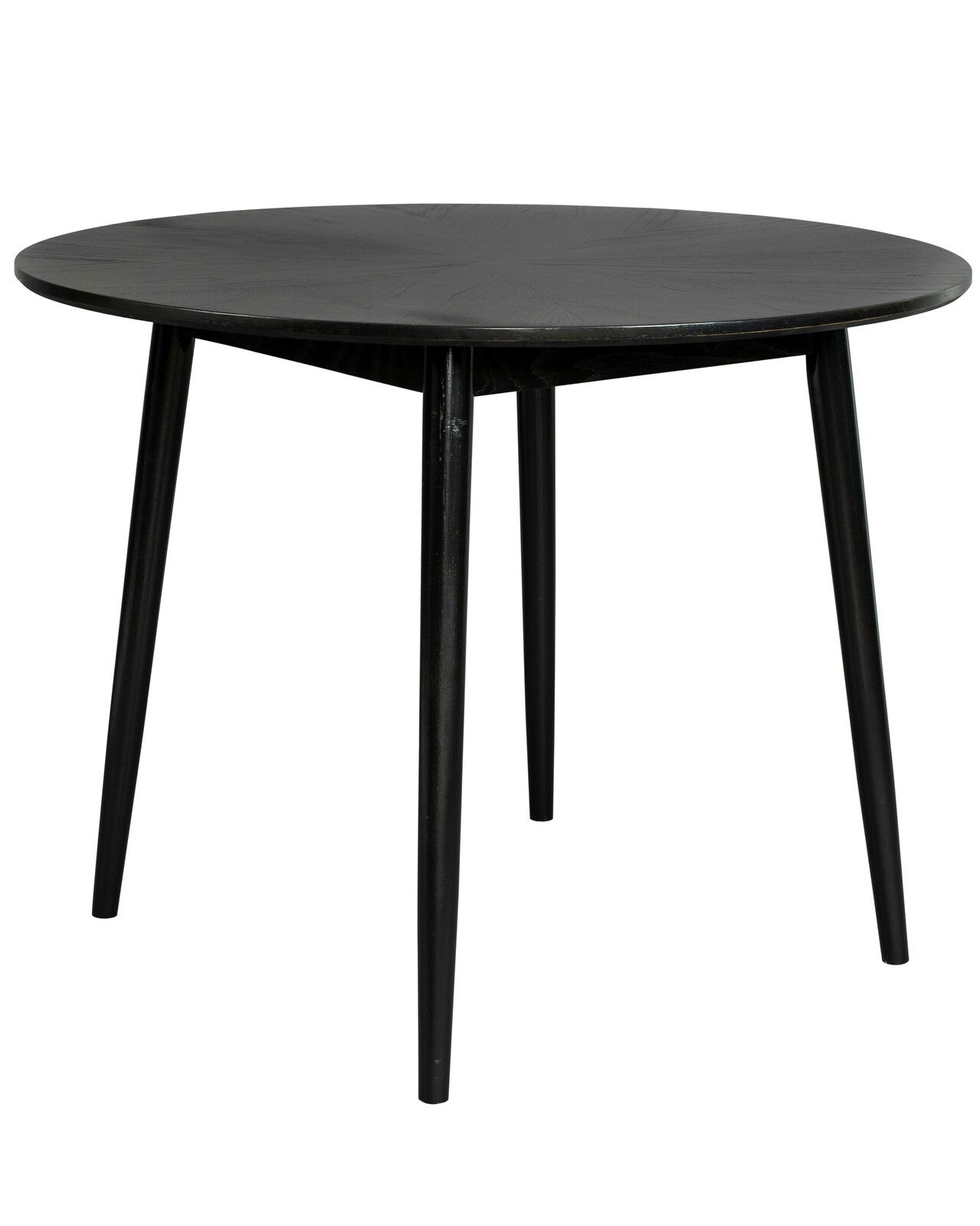 Runder schwarzer Esstisch mit vier Beinen, seitliche Perspektive