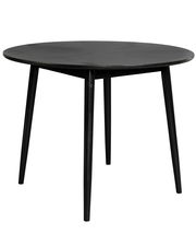 Runder schwarzer Esstisch mit vier Beinen, seitliche Perspektive