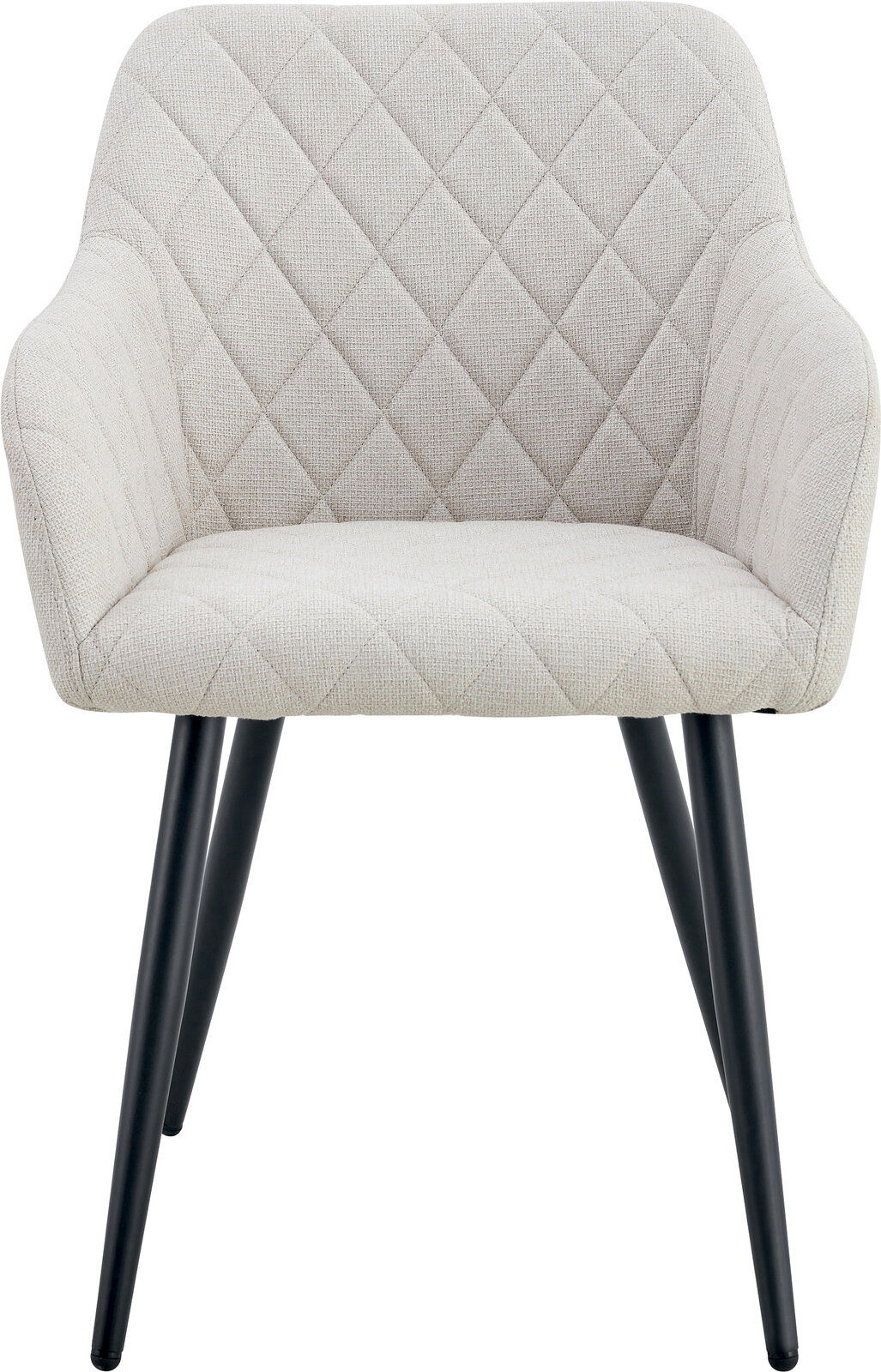 Beiger, gepolsterter Polsterstuhl mit Rautensteppung und schwarzen, schräg stehenden Beinen, frontal von vorne fotografiert.