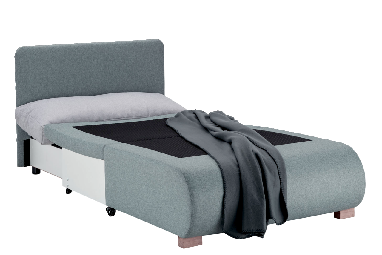 Z2 Schlafsessel KENY Funktionssessel in Bettposition mit grauem Stoffbezug, Kissen und Decke, seitliche Perspektive