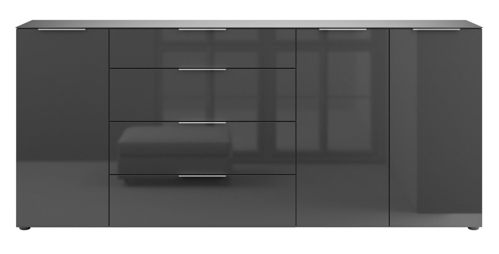 XXL-Sideboard in dunklem Hochglanz mit zwei Türen und vier Schubladen, frontale Ansicht