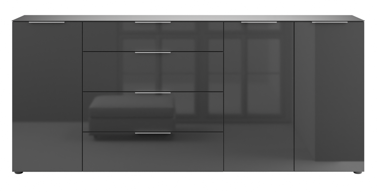 XXL-Sideboard in dunklem Hochglanz mit zwei Türen und vier Schubladen, frontale Ansicht
